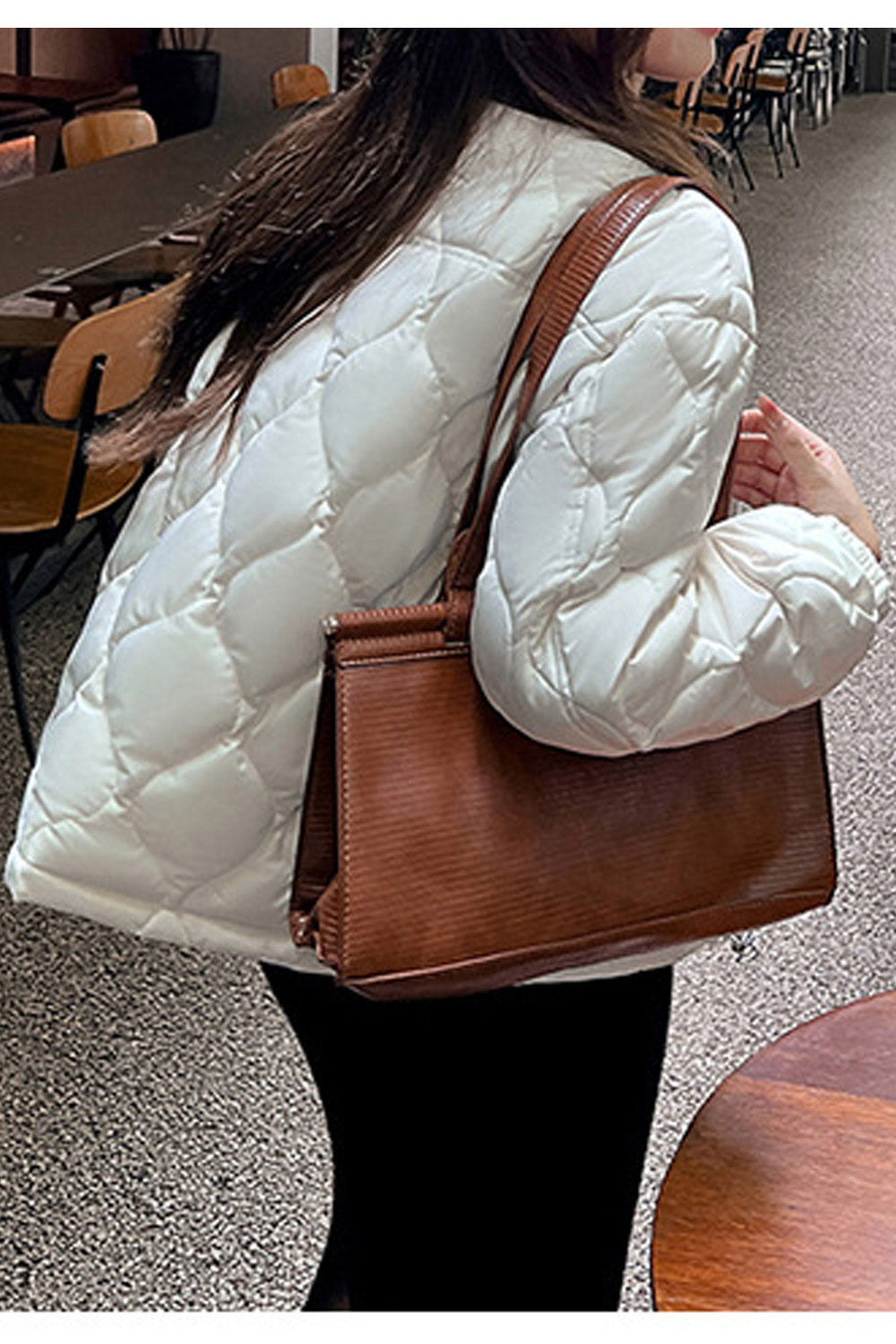 Women Heart melting Contrast Collar Neck Stretchable Cuff Flap Pocket Waist Draw Cord Short Winter Padded Jacket