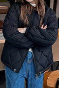 Women Heart melting Contrast Collar Neck Stretchable Cuff Flap Pocket Waist Draw Cord Short Winter Padded Jacket