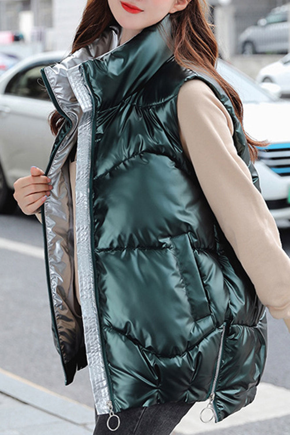 Women Wavy Shapes Designs Shining Pattern Padded Vest