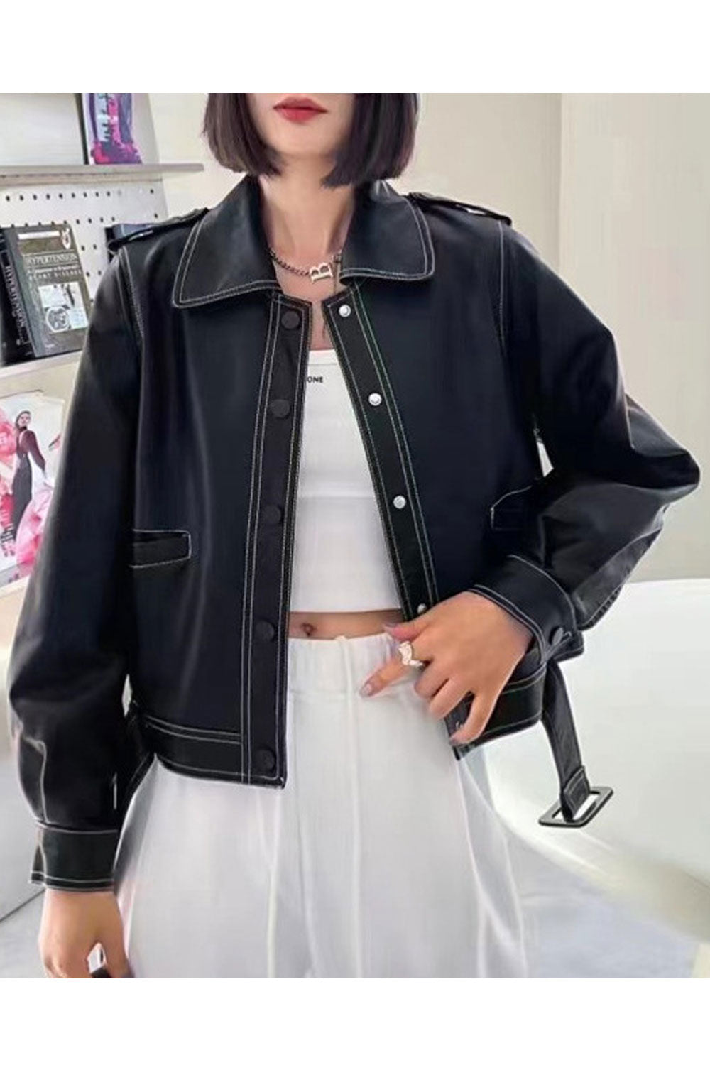 Women Magnetic Collar Neck Buttoned Faster Long Sleeves Buttoned Cuff & Safari Pockets Loose Winter Leather Jacket