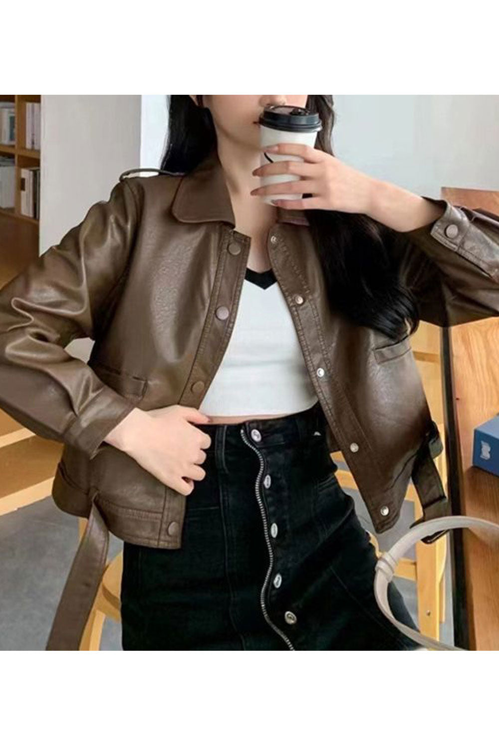Women Magnetic Collar Neck Buttoned Faster Long Sleeves Buttoned Cuff & Safari Pockets Loose Winter Leather Jacket