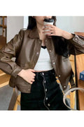 Women Magnetic Collar Neck Buttoned Faster Long Sleeves Buttoned Cuff & Safari Pockets Loose Winter Leather Jacket