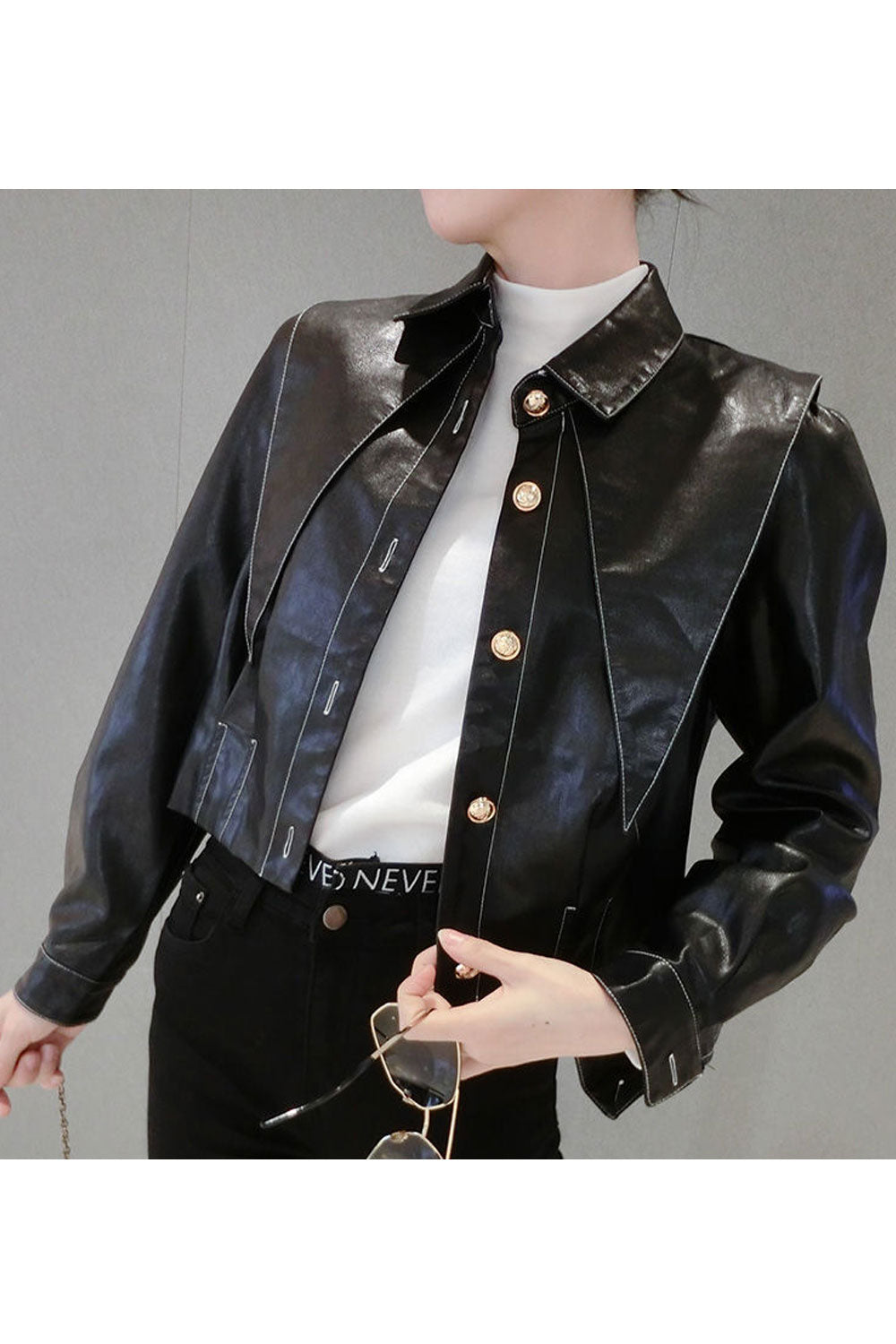 Women Charismatic Collar Neck Long Sleeves Fitted Buttoned Cuff & Stylish Buttoned Fastener Short Winter Leather Jacket