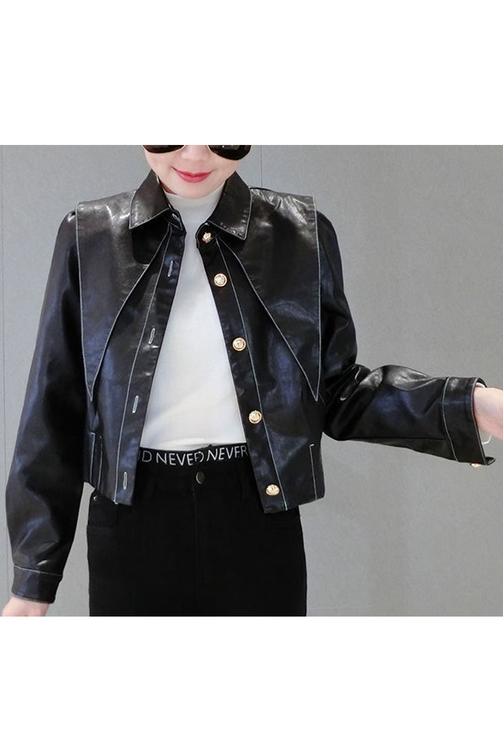 Women Charismatic Collar Neck Long Sleeves Fitted Buttoned Cuff & Stylish Buttoned Fastener Short Winter Leather Jacket