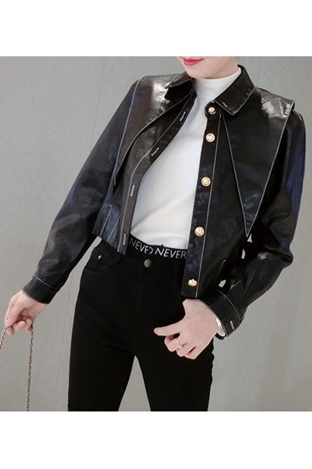 Women Charismatic Collar Neck Long Sleeves Fitted Buttoned Cuff & Stylish Buttoned Fastener Short Winter Leather Jacket