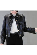 Women Charismatic Collar Neck Long Sleeves Fitted Buttoned Cuff & Stylish Buttoned Fastener Short Winter Leather Jacket