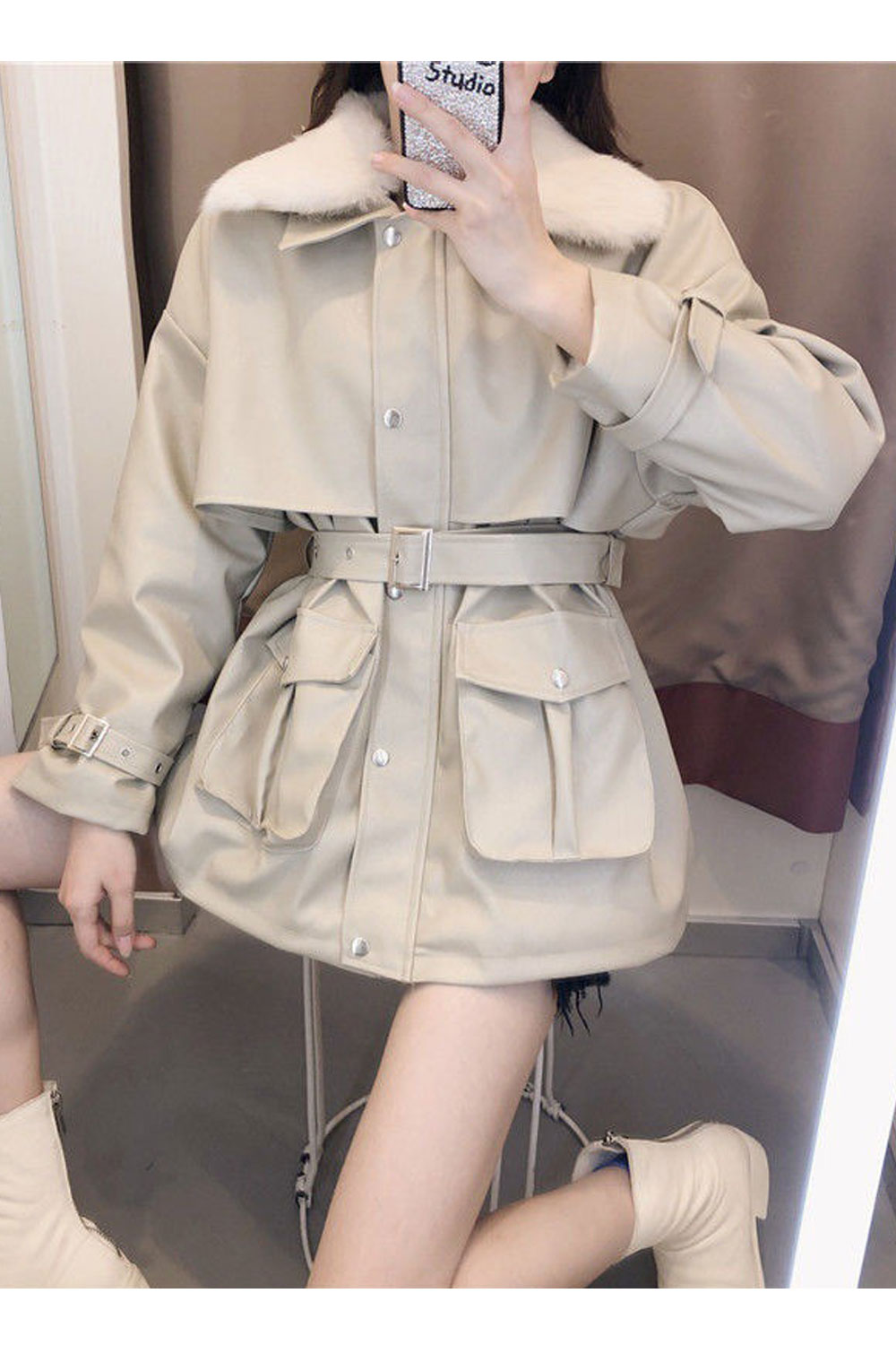 Women Exciting Shrinkable Smooth Collar Neck Loose Long Sleeves Wrist & Waist Buckle Belt Patch Pocket & Easy Buttoned Fastener