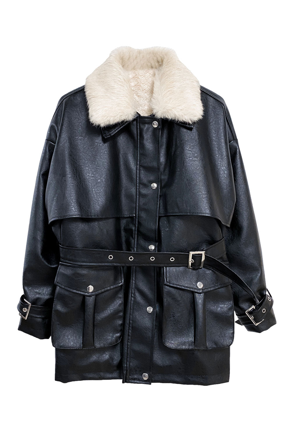 Women Exciting Shrinkable Smooth Collar Neck Loose Long Sleeves Wrist & Waist Buckle Belt Patch Pocket & Easy Buttoned Fastener