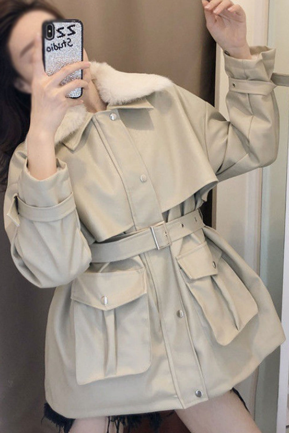 Women Exciting Shrinkable Smooth Collar Neck Loose Long Sleeves Wrist & Waist Buckle Belt Patch Pocket & Easy Buttoned Fastener