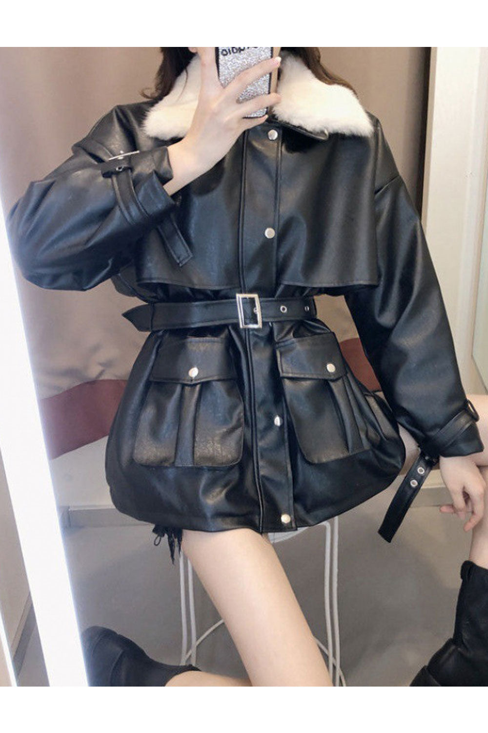 Women Exciting Shrinkable Smooth Collar Neck Loose Long Sleeves Wrist & Waist Buckle Belt Patch Pocket & Easy Buttoned Fastener