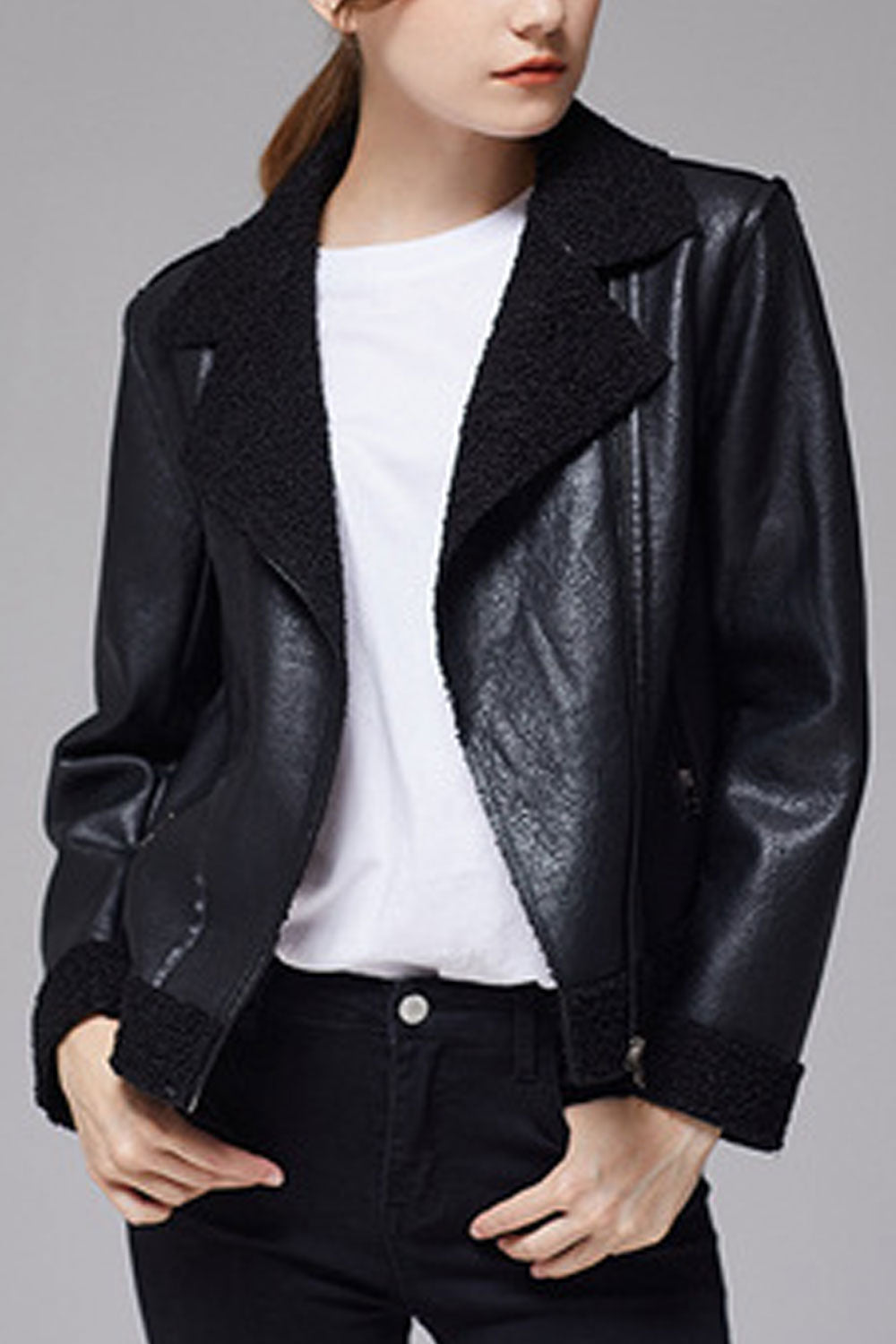 Women Ravishing Lapel Collar Neck Long Sleeve & Side Zippered Pocket & Front Zip Closure Snug Winter Leather Jacket