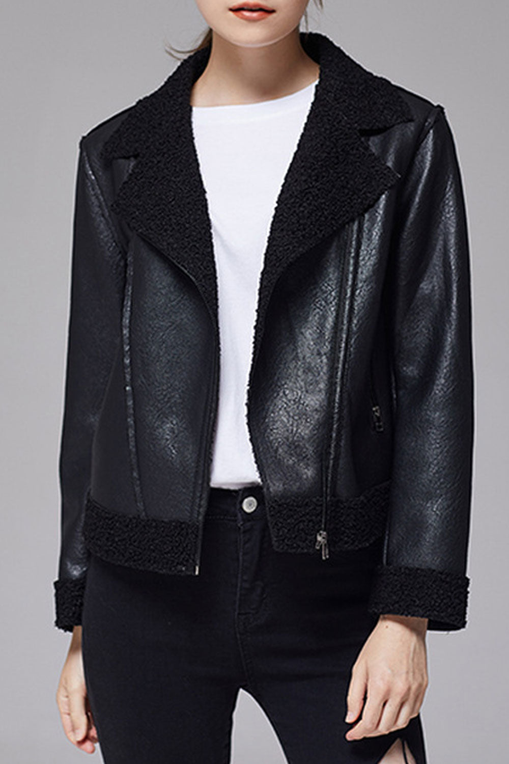 Women Ravishing Lapel Collar Neck Long Sleeve & Side Zippered Pocket & Front Zip Closure Snug Winter Leather Jacket