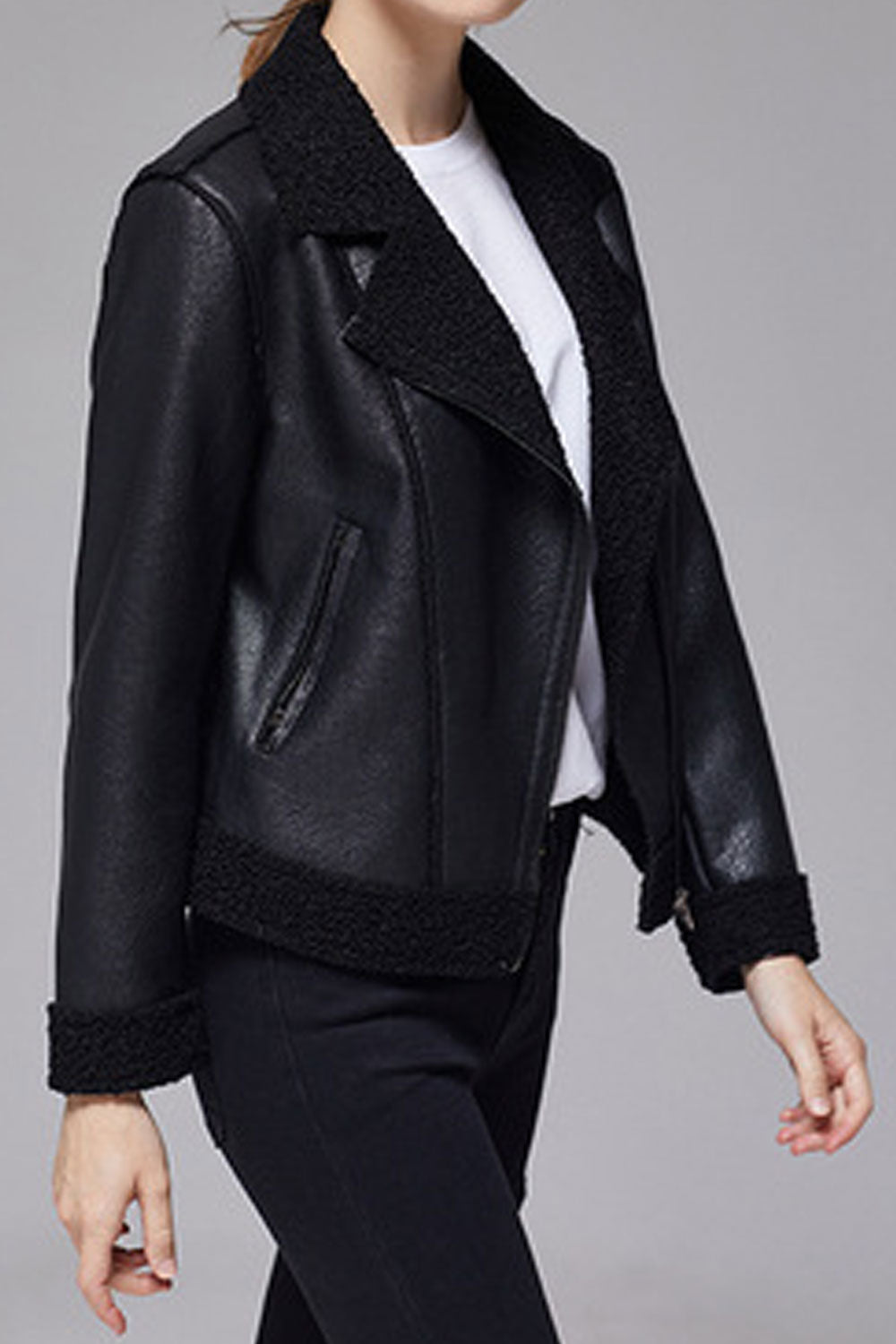 Women Ravishing Lapel Collar Neck Long Sleeve & Side Zippered Pocket & Front Zip Closure Snug Winter Leather Jacket