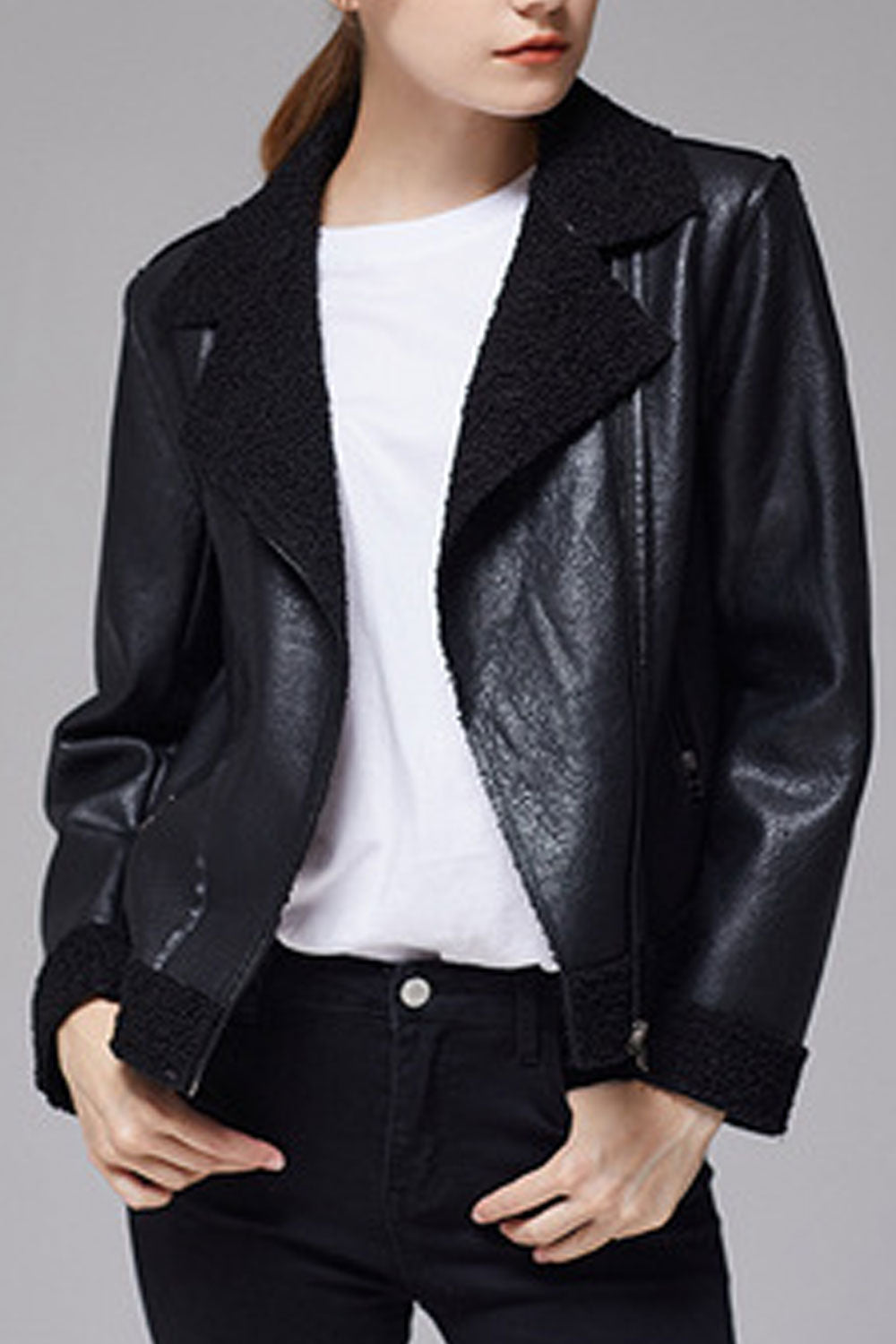 Women Ravishing Lapel Collar Neck Long Sleeve & Side Zippered Pocket & Front Zip Closure Snug Winter Leather Jacket