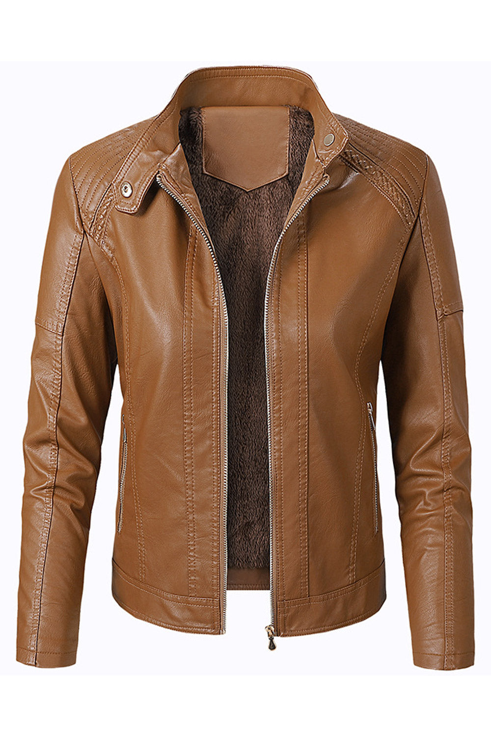 Women Professional Style Stand Collar Long Sleeves Front Zipper Fastener & Side Zippered Pocket Slim Cozy Winter Leather Jacket