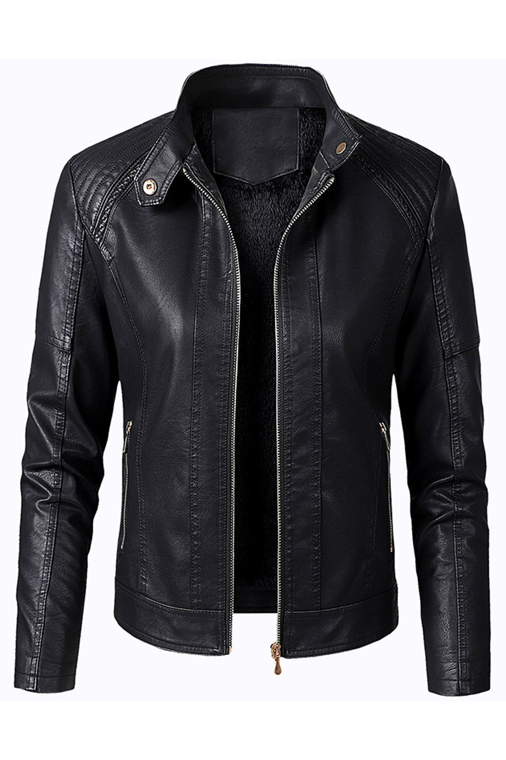 Women Professional Style Stand Collar Long Sleeves Front Zipper Fastener & Side Zippered Pocket Slim Cozy Winter Leather Jacket
