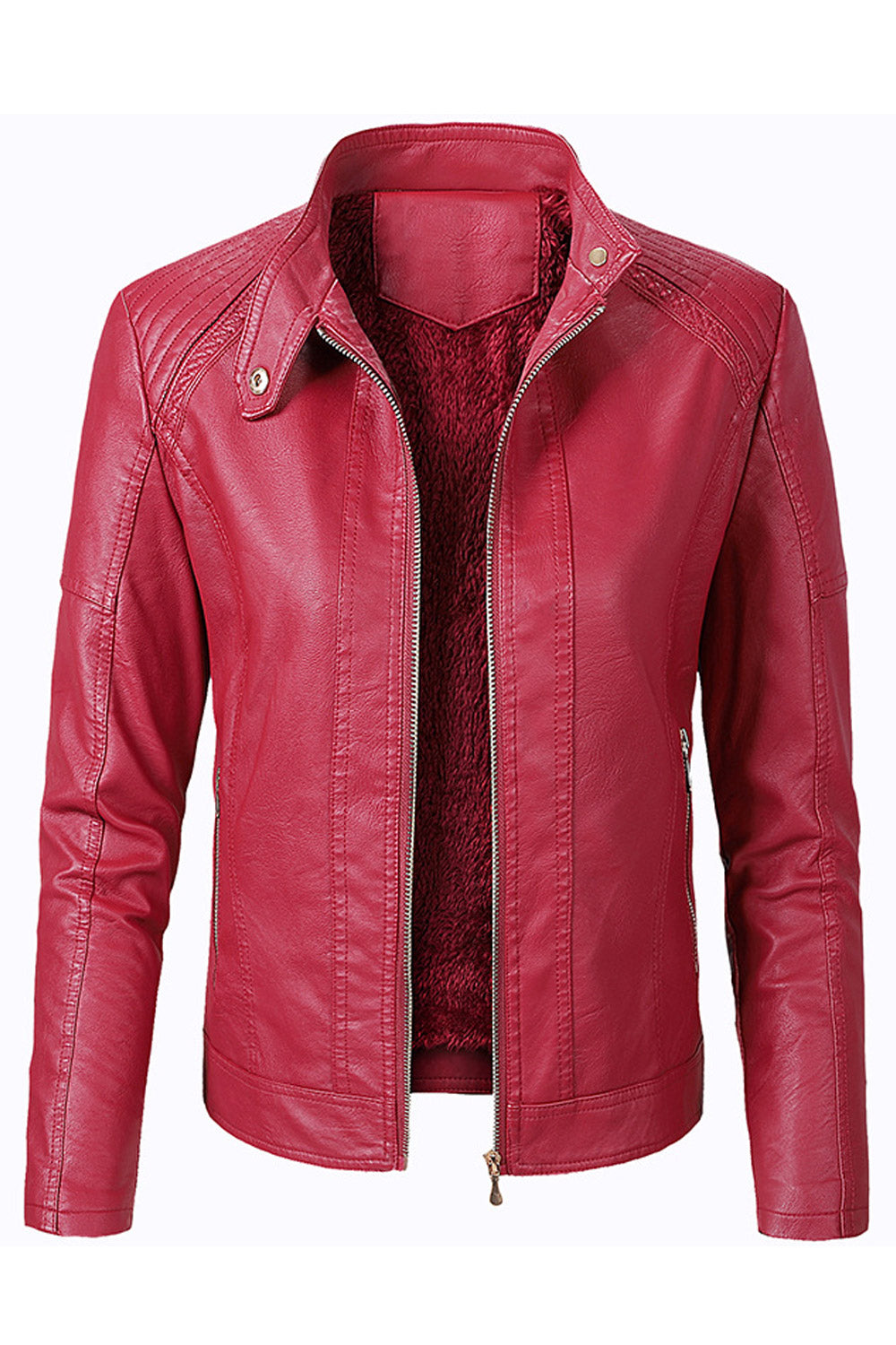 Women Professional Style Stand Collar Long Sleeves Front Zipper Fastener & Side Zippered Pocket Slim Cozy Winter Leather Jacket