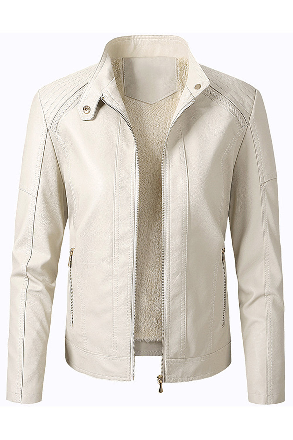 Women Professional Style Stand Collar Long Sleeves Front Zipper Fastener & Side Zippered Pocket Slim Cozy Winter Leather Jacket
