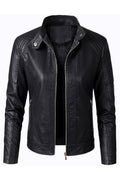 Women Professional Style Stand Collar Long Sleeves Front Zipper Fastener & Side Zippered Pocket Slim Cozy Winter Leather Jacket