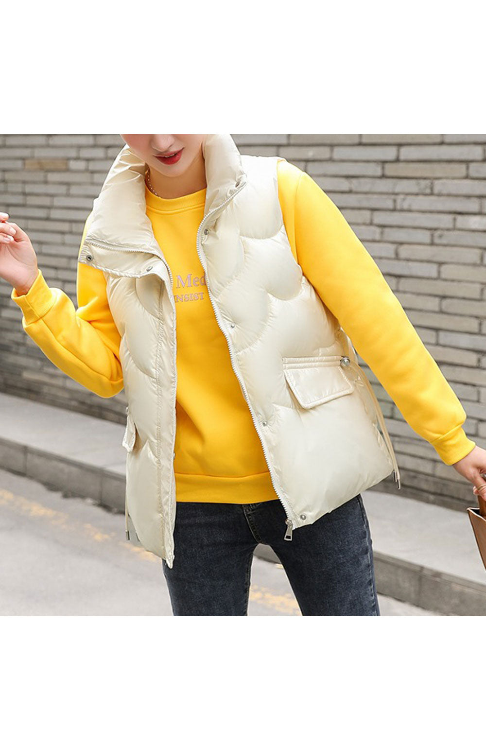 Women Shiny Colour Waist Two Pockets Attached Padded Vest