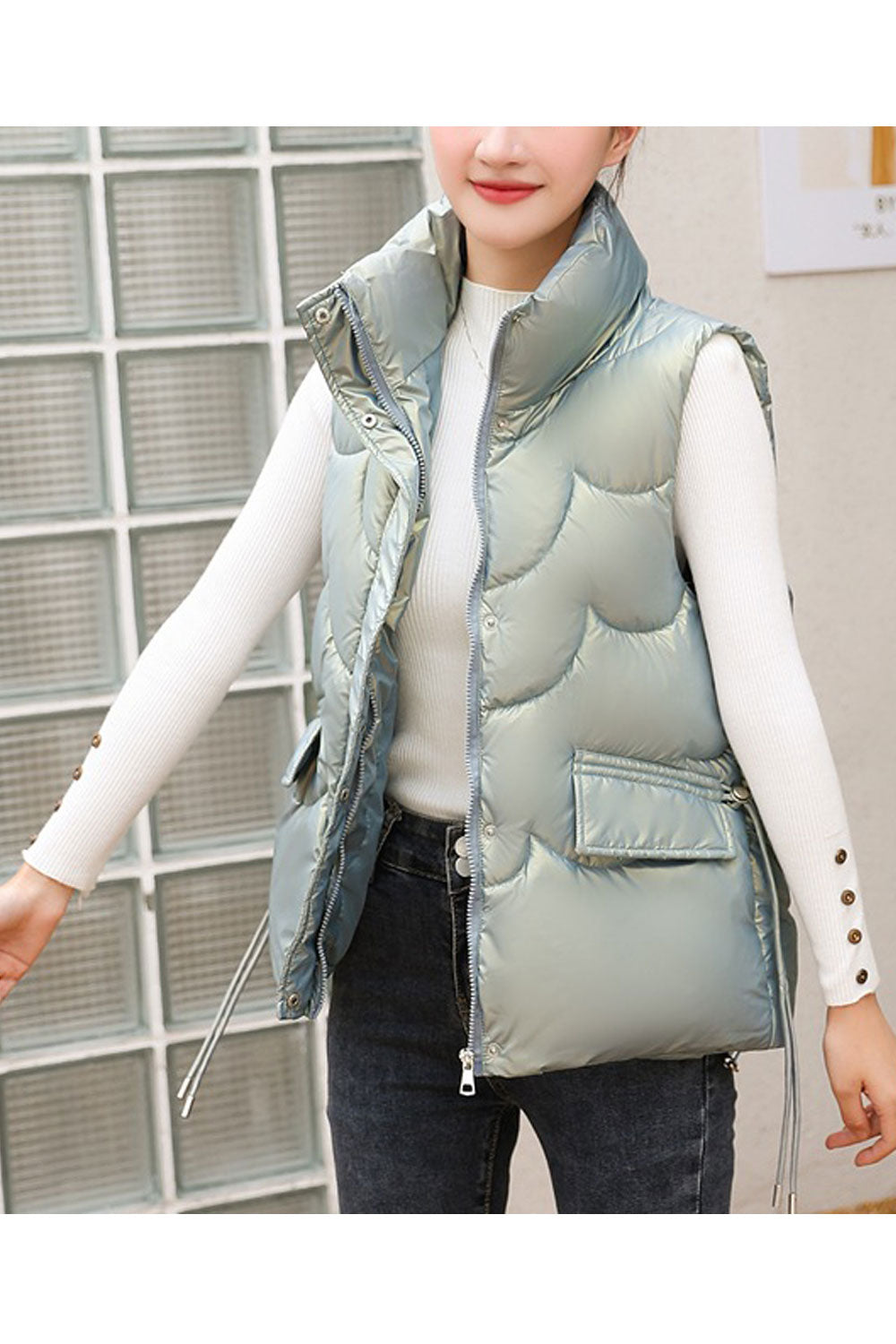 Women Shiny Colour Waist Two Pockets Attached Padded Vest