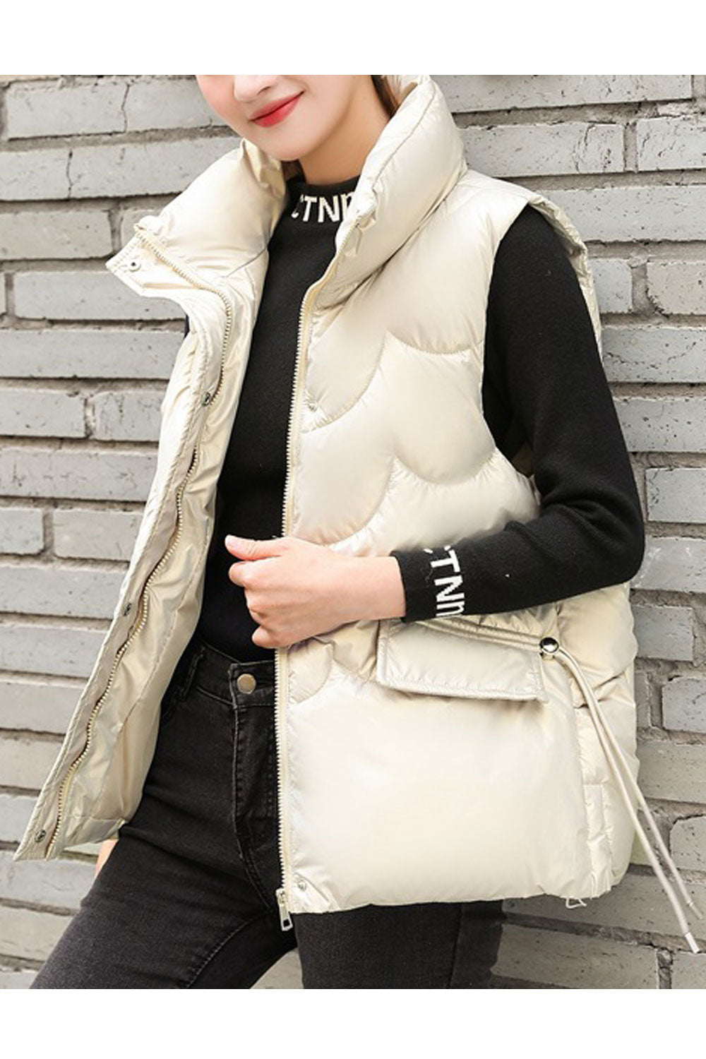 Women Shiny Colour Waist Two Pockets Attached Padded Vest