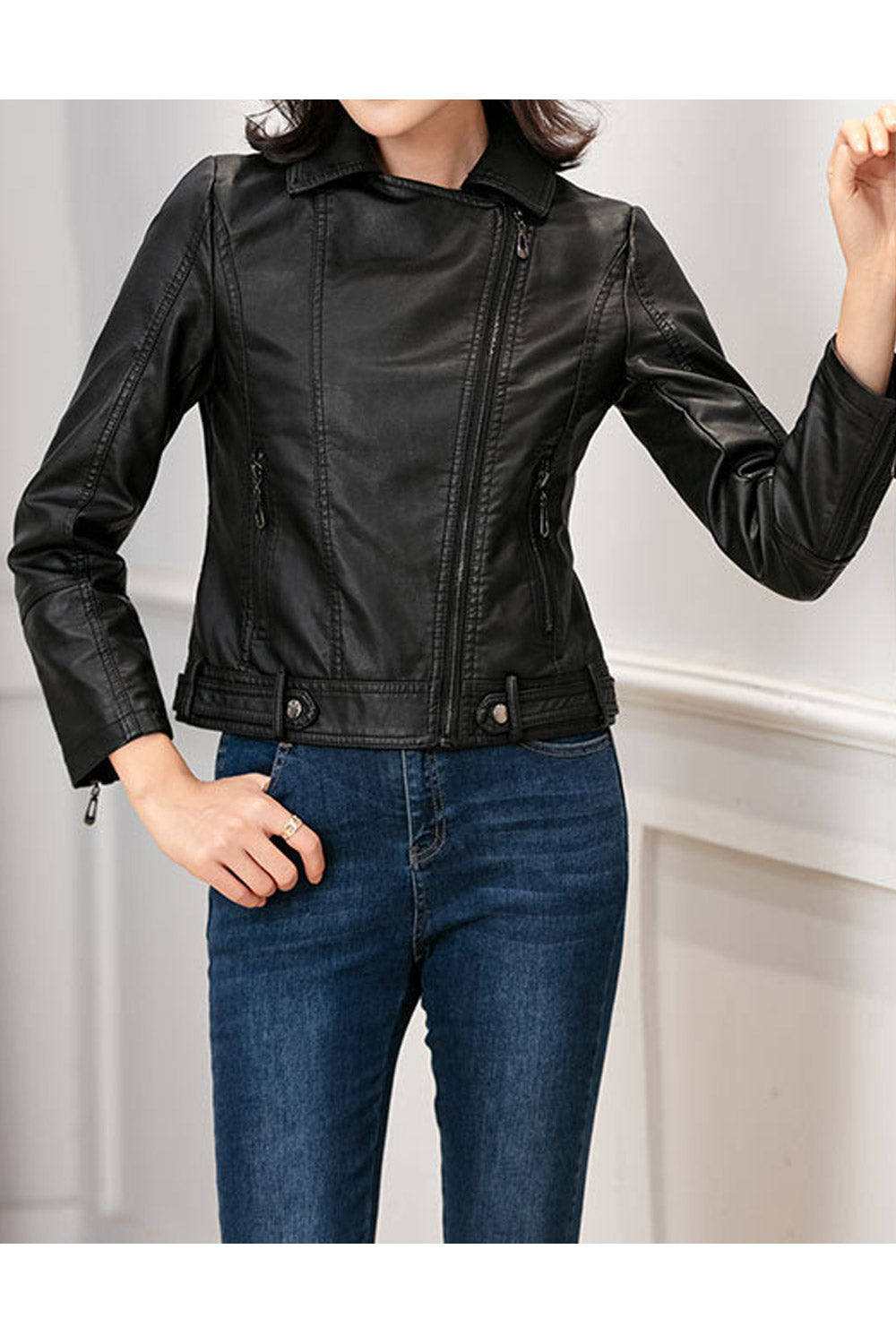 Women Polished Lapel Collar Long Zipper Sleeves & Side Zipper Fastener Short Slim Winter Leather Jacket