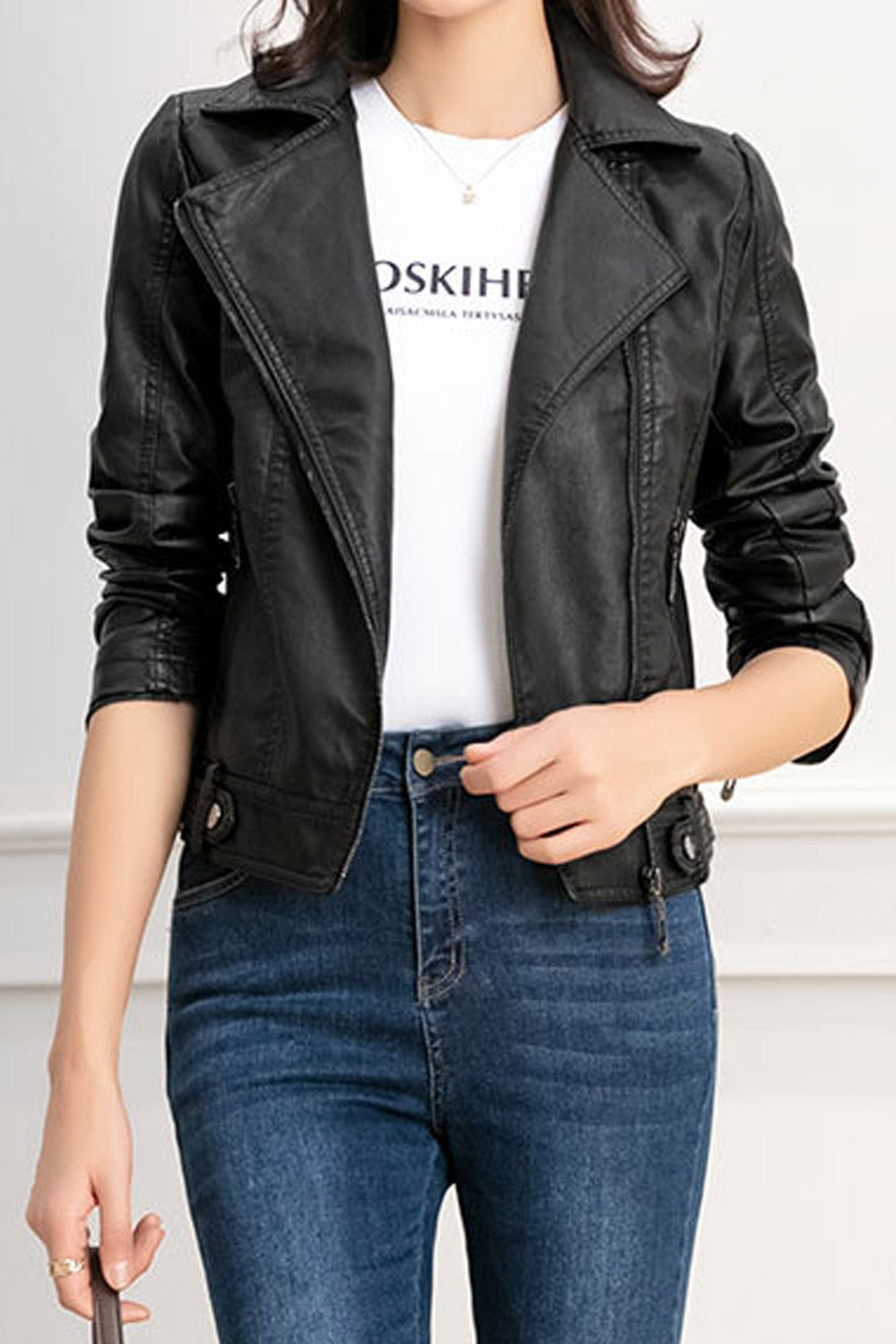 Women Polished Lapel Collar Long Zipper Sleeves & Side Zipper Fastener Short Slim Winter Leather Jacket