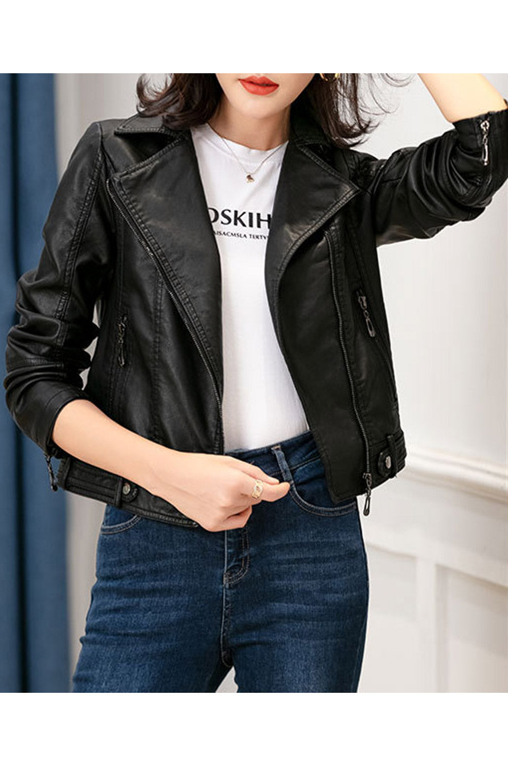 Women Polished Lapel Collar Long Zipper Sleeves & Side Zipper Fastener Short Slim Winter Leather Jacket