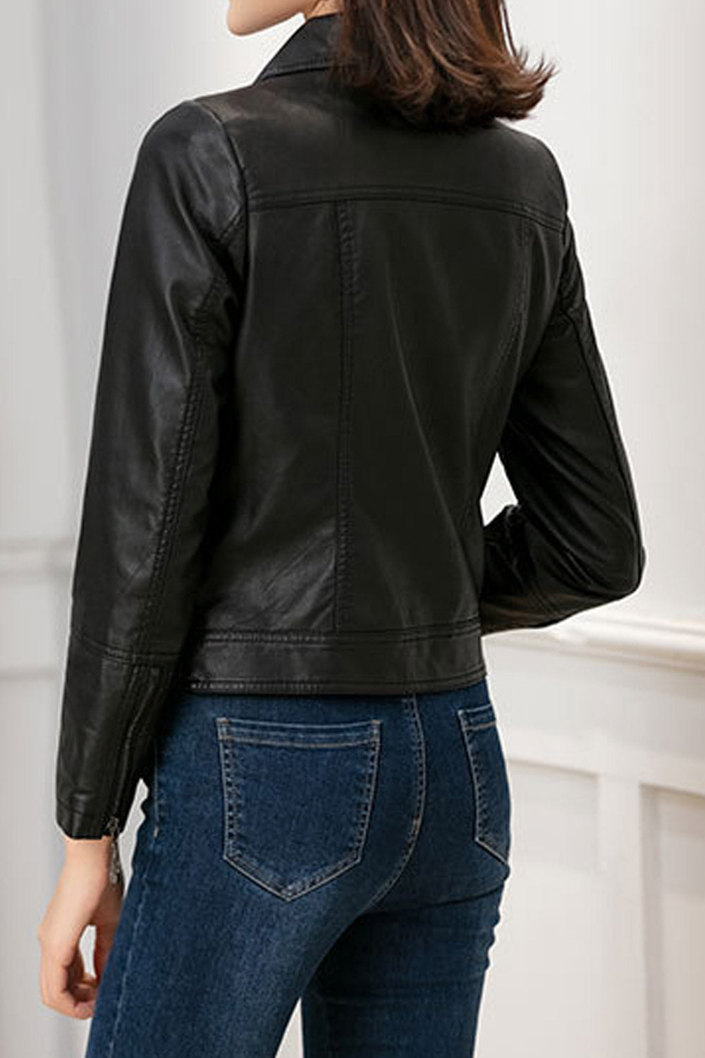 Women Polished Lapel Collar Long Zipper Sleeves & Side Zipper Fastener Short Slim Winter Leather Jacket