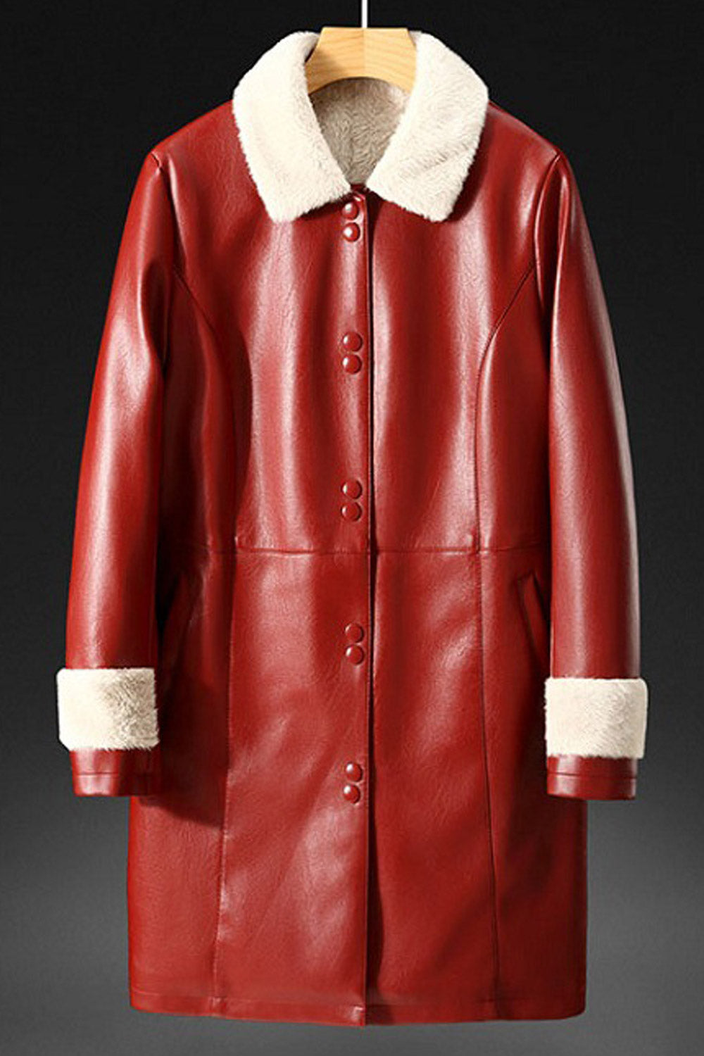 Women Modish Supper Soft Collar Neck Woolen Style Long Sleeves Slash Pocket & Buttoned Fastener Long Warm Winter Leather Jacket