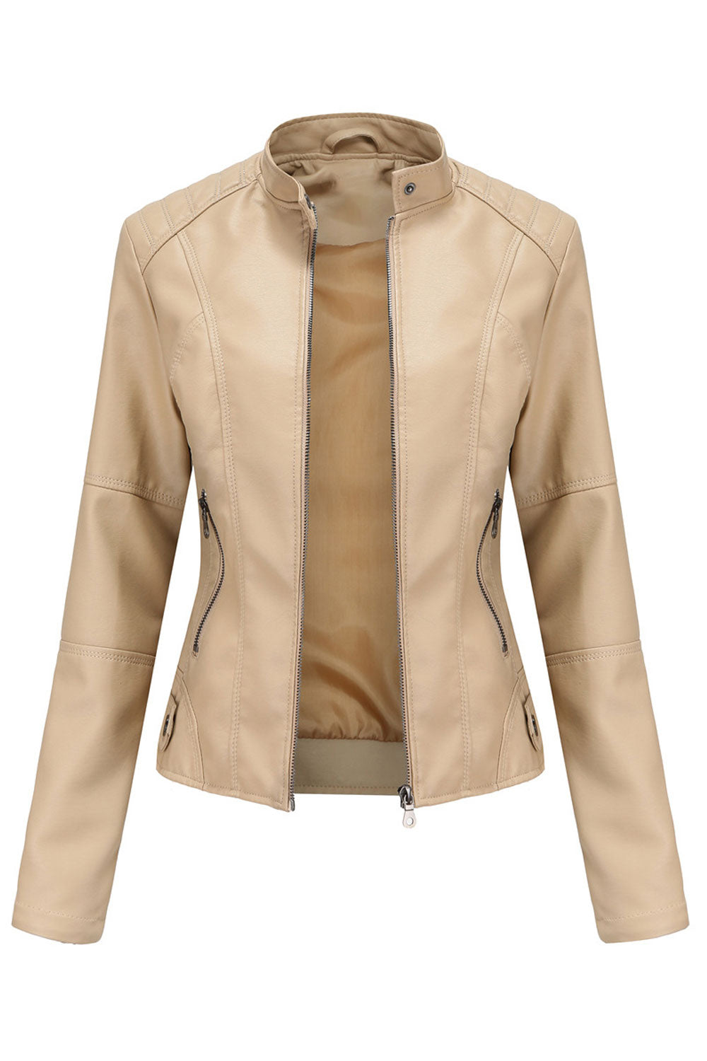 Women Elegant Solid Pattern Stand Collar Quick Zip Closure Reliable Winter Leather Jacket