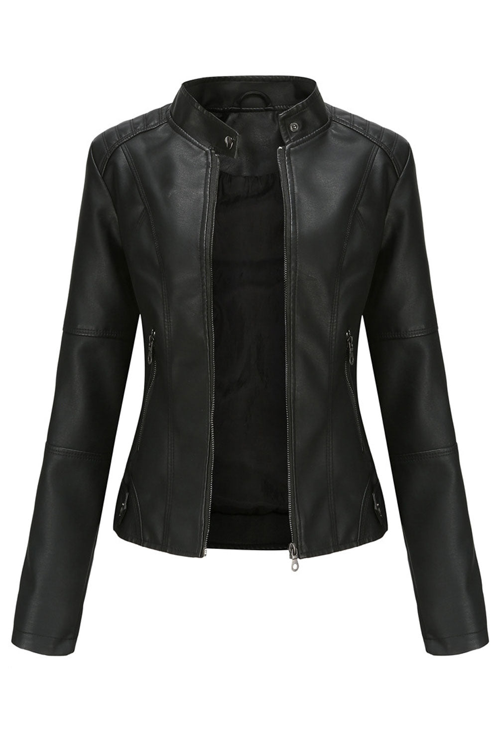 Women Elegant Solid Pattern Stand Collar Quick Zip Closure Reliable Winter Leather Jacket