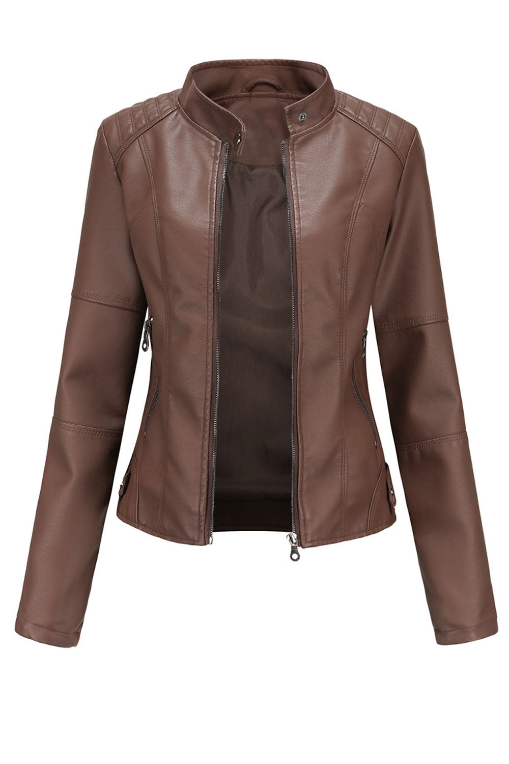 Women Elegant Solid Pattern Stand Collar Quick Zip Closure Reliable Winter Leather Jacket