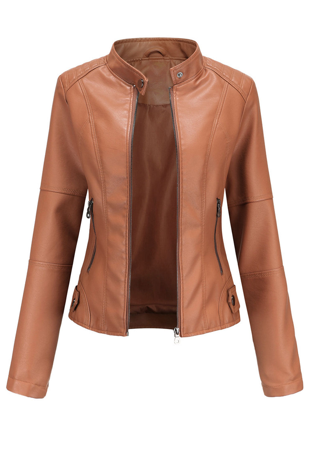 Women Elegant Solid Pattern Stand Collar Quick Zip Closure Reliable Winter Leather Jacket