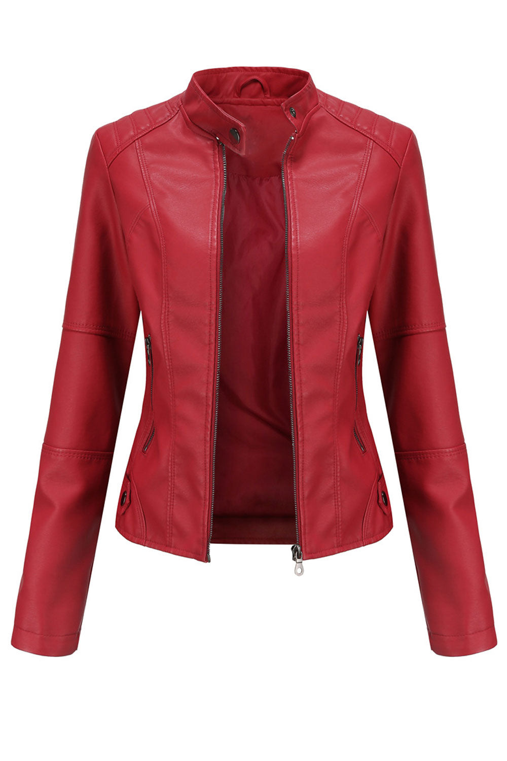 Women Elegant Solid Pattern Stand Collar Quick Zip Closure Reliable Winter Leather Jacket
