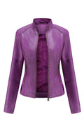 Women Elegant Solid Pattern Stand Collar Quick Zip Closure Reliable Winter Leather Jacket