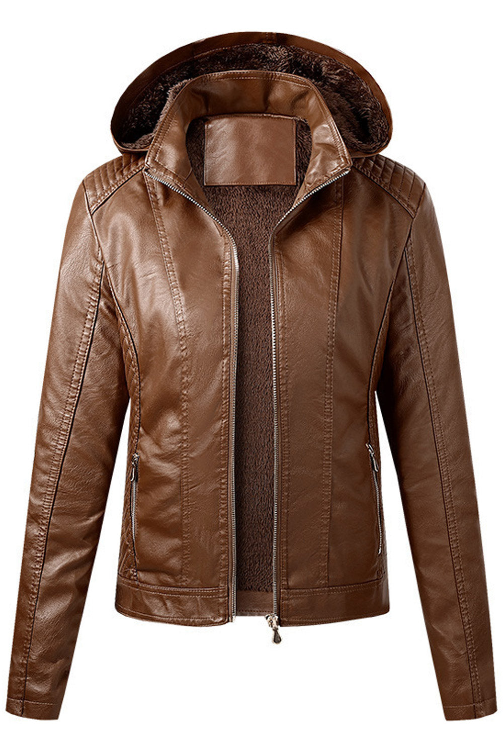 Women Enthralling Hooded Neck Zippered Cuff Side Zippered Pocket & Easy Zipper Fastener Cozy Winter Leather Jacket