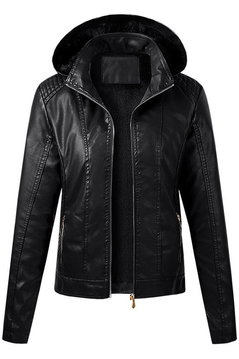 Women Enthralling Hooded Neck Zippered Cuff Side Zippered Pocket & Easy Zipper Fastener Cozy Winter Leather Jacket