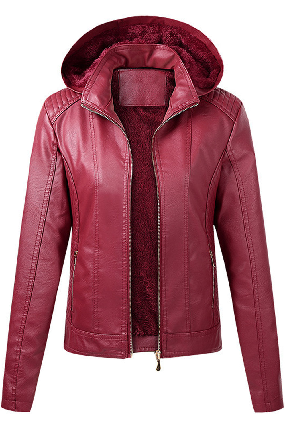 Women Enthralling Hooded Neck Zippered Cuff Side Zippered Pocket & Easy Zipper Fastener Cozy Winter Leather Jacket