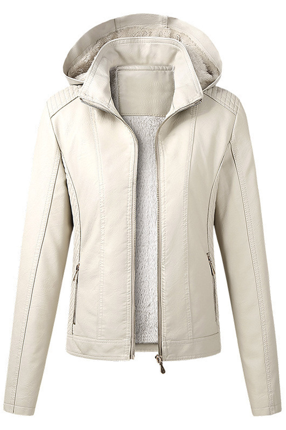 Women Enthralling Hooded Neck Zippered Cuff Side Zippered Pocket & Easy Zipper Fastener Cozy Winter Leather Jacket
