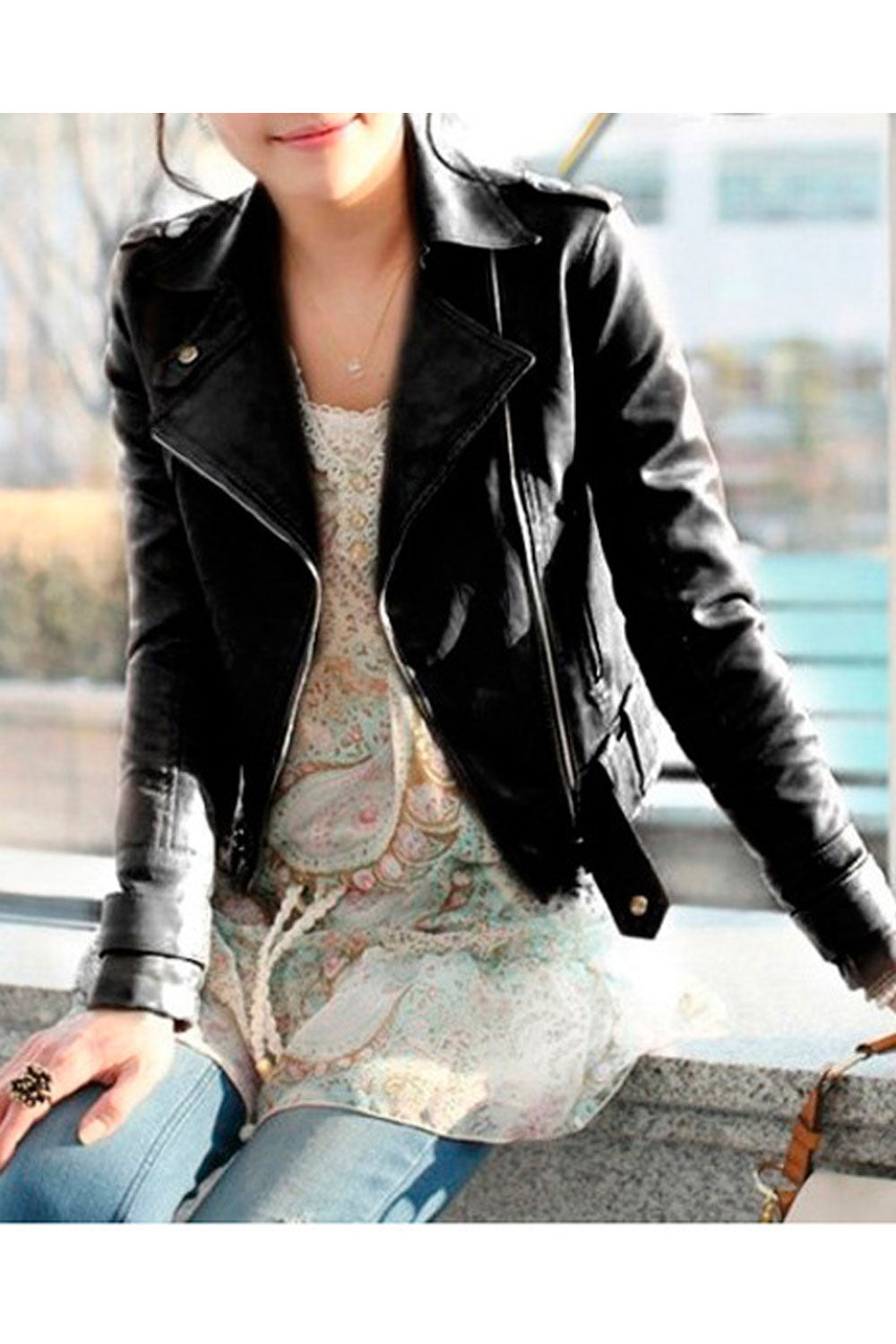 Women Splendid Collar Neck Fast Zip Closure Long Sleeve Fashionable Winter Leather Jacket