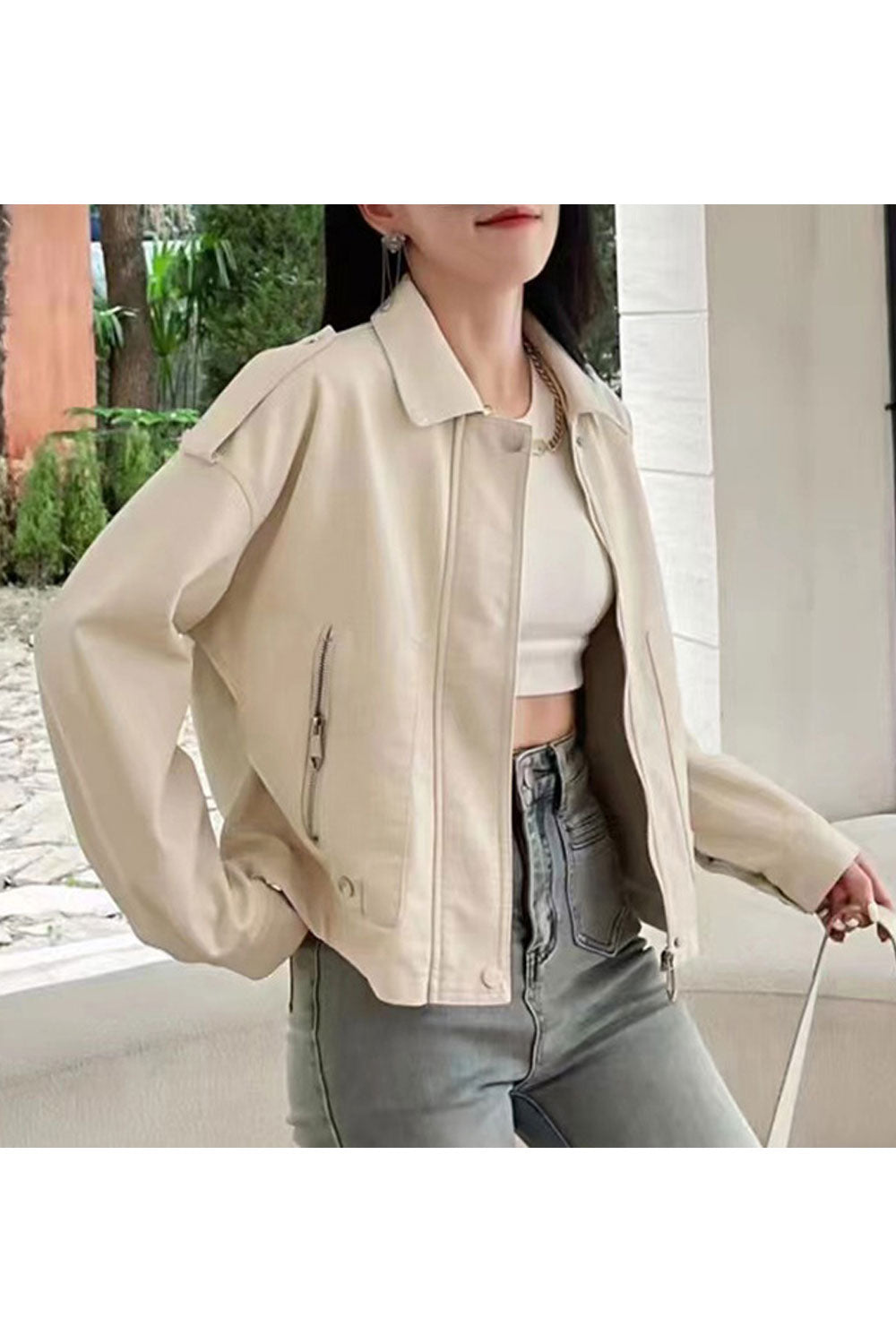 Women Classy Zip Closure Front Pockets Collar Neck Superb Winter Leather Jacket