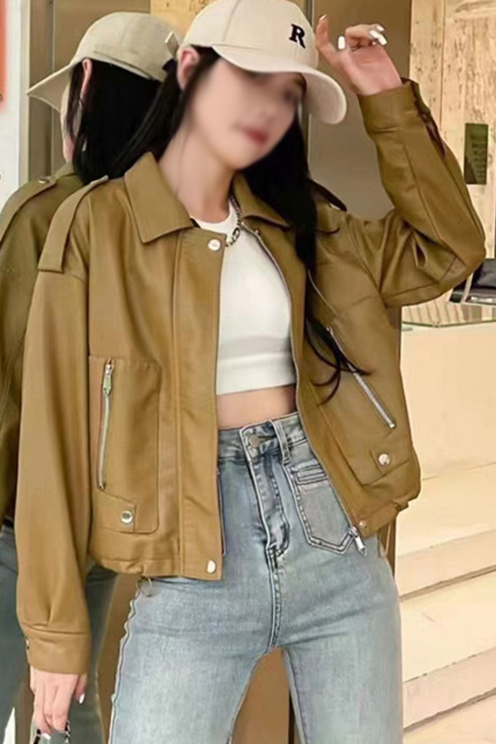 Women Classy Zip Closure Front Pockets Collar Neck Superb Winter Leather Jacket