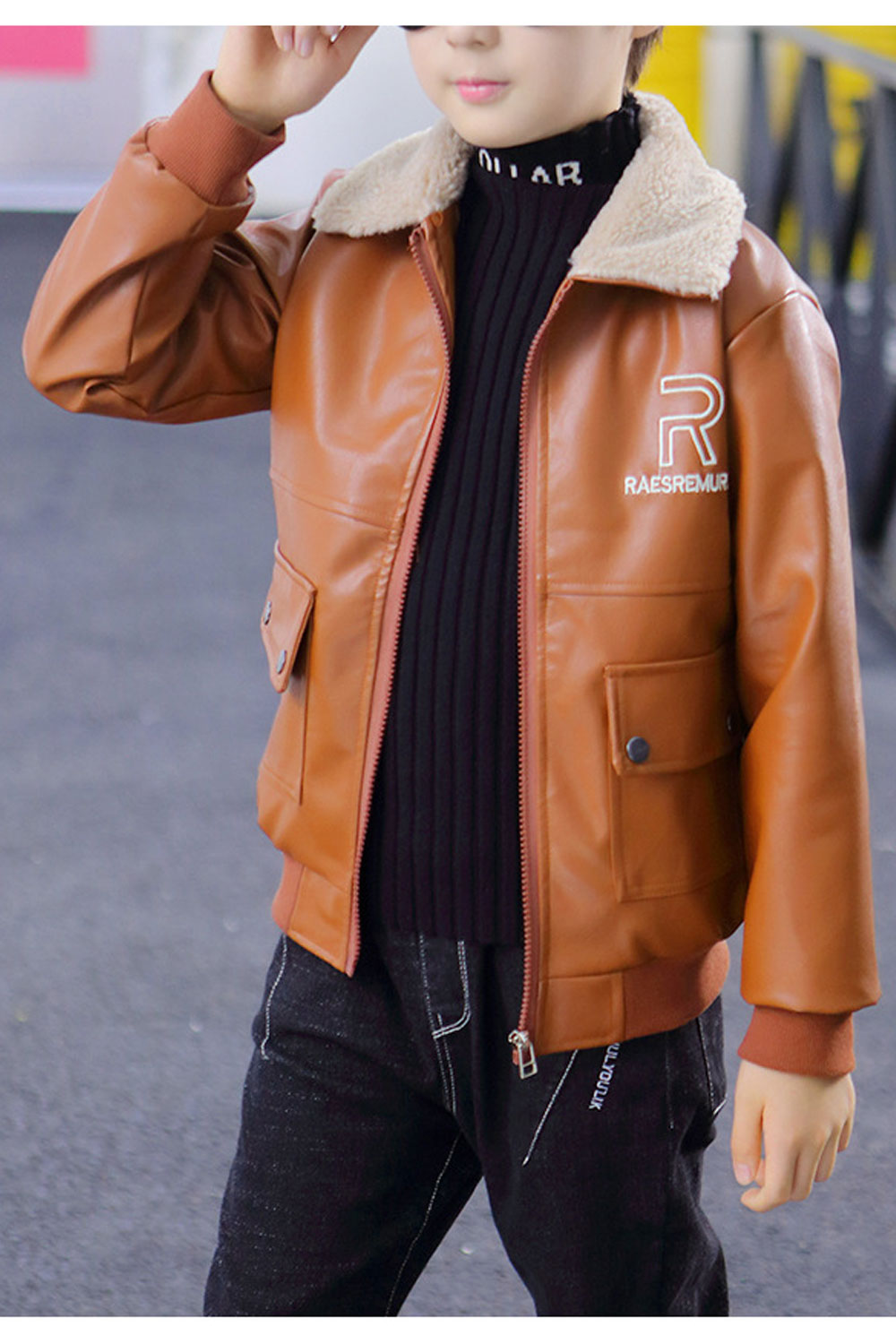 Kids Boys Plus Velvet Thickened Leather Jacket