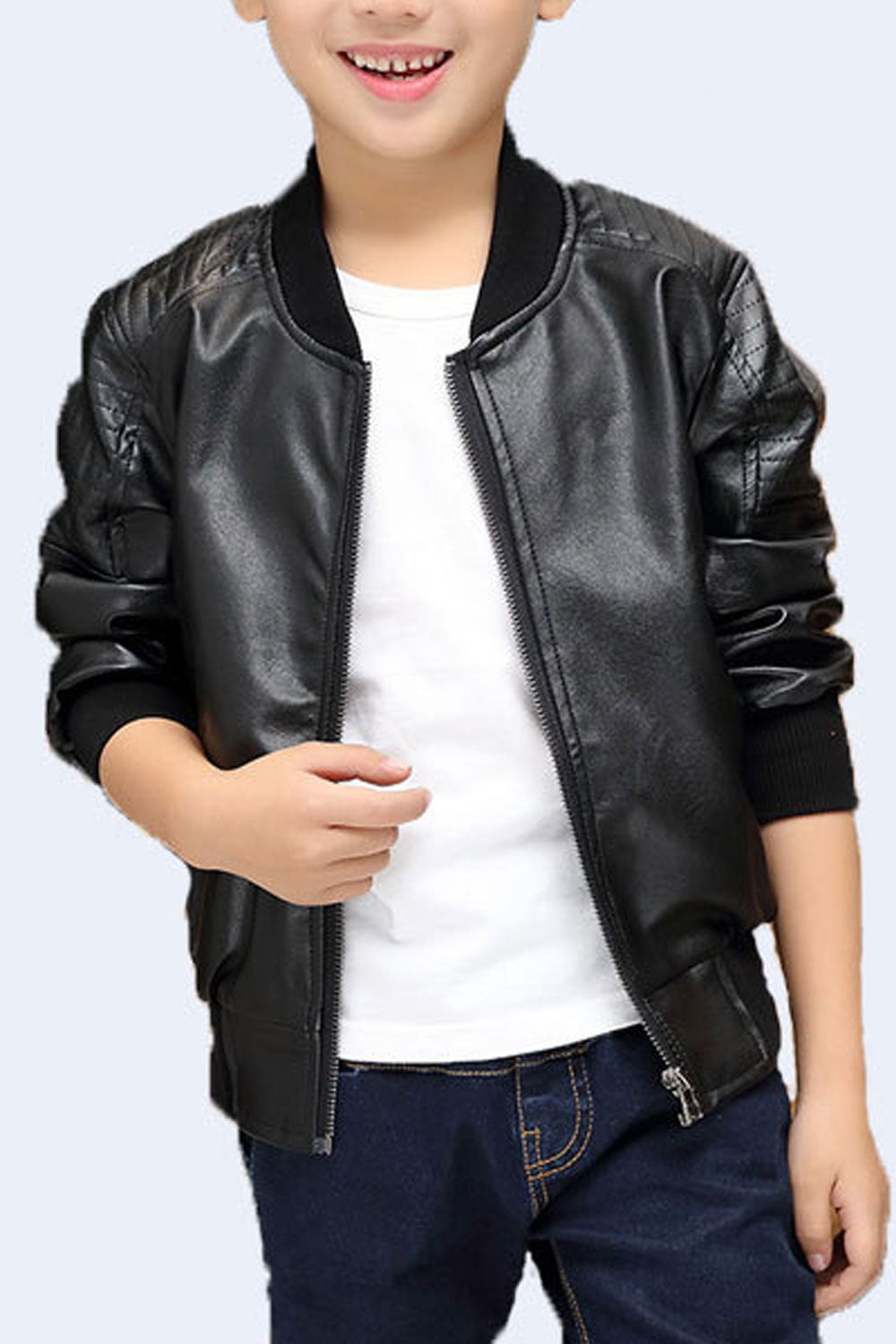 Kids Little Boys Ribbed Cuff Round Neck Easy Zipper Style Warm Leather Jacket