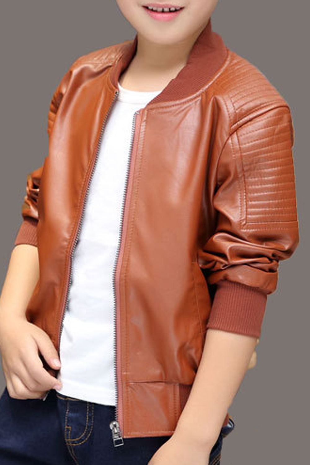 Kids Little Boys Ribbed Cuff Round Neck Easy Zipper Style Warm Leather Jacket