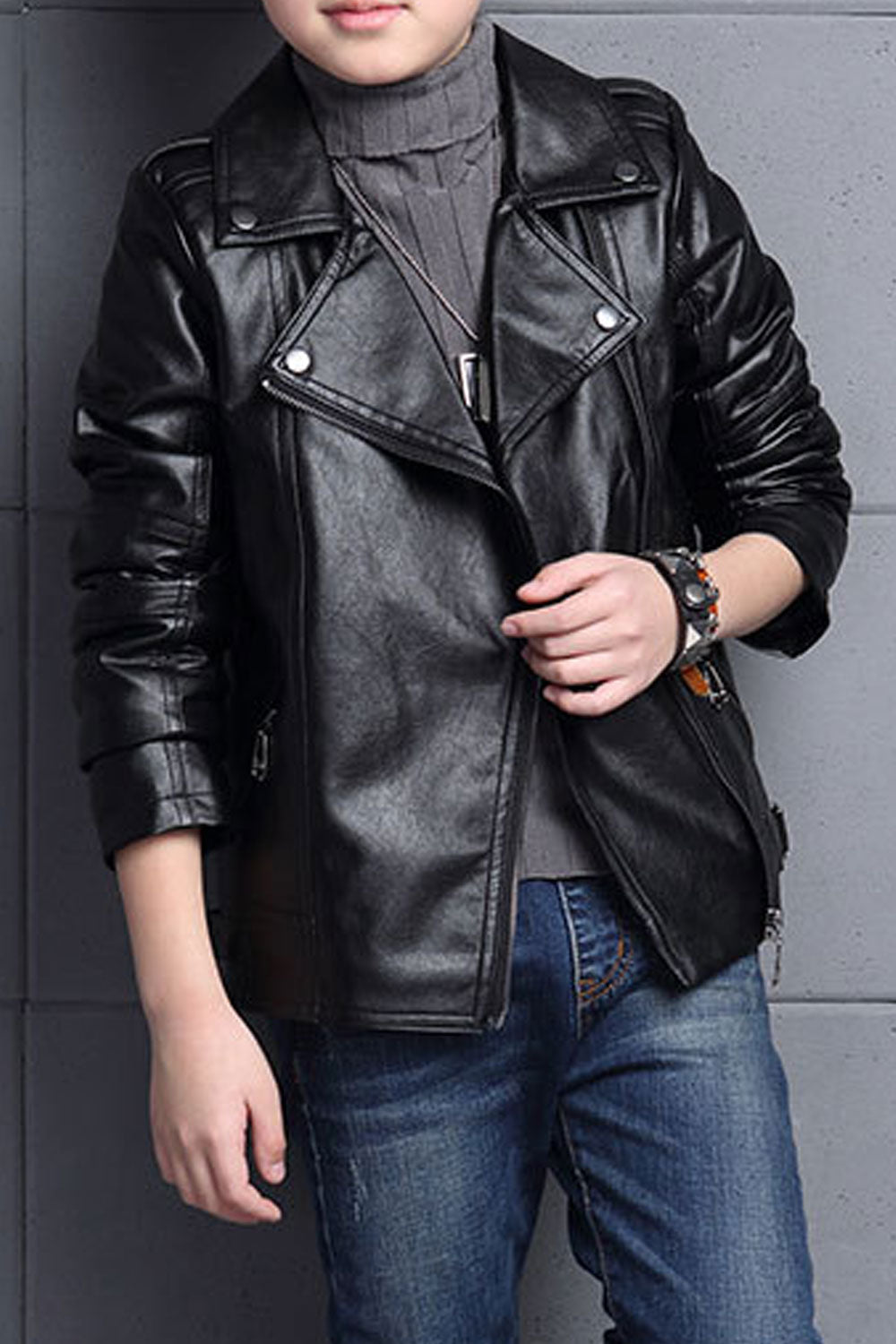 Kids Boys Modern Designed Zip Closure Side Pockets Long Sleeve Leather Jacket
