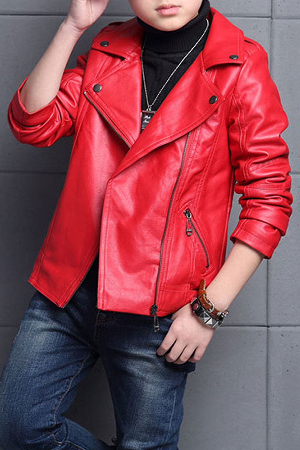 Kids Boys Modern Designed Zip Closure Side Pockets Long Sleeve Leather Jacket