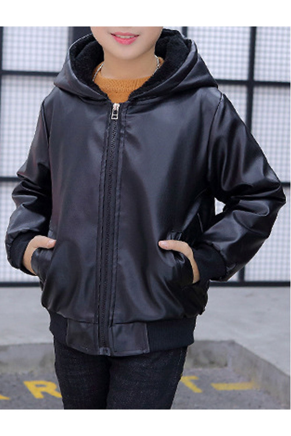 Kids Boys Shiny Colored Zip Closure Useful Side Pockets Solid Pattern Leather Jacket